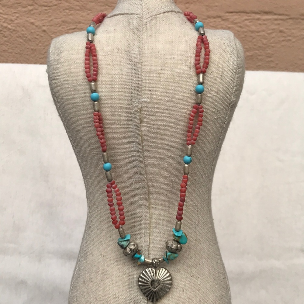 Turquoise & Coral Beaded Heart Pendant Necklace